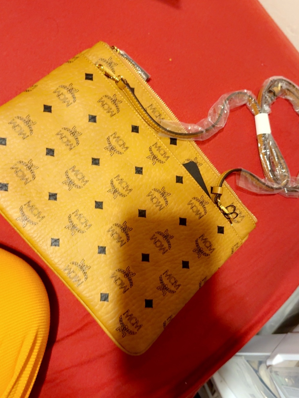 MCM Yellow Visetos Logo Crossbody with Black Accents